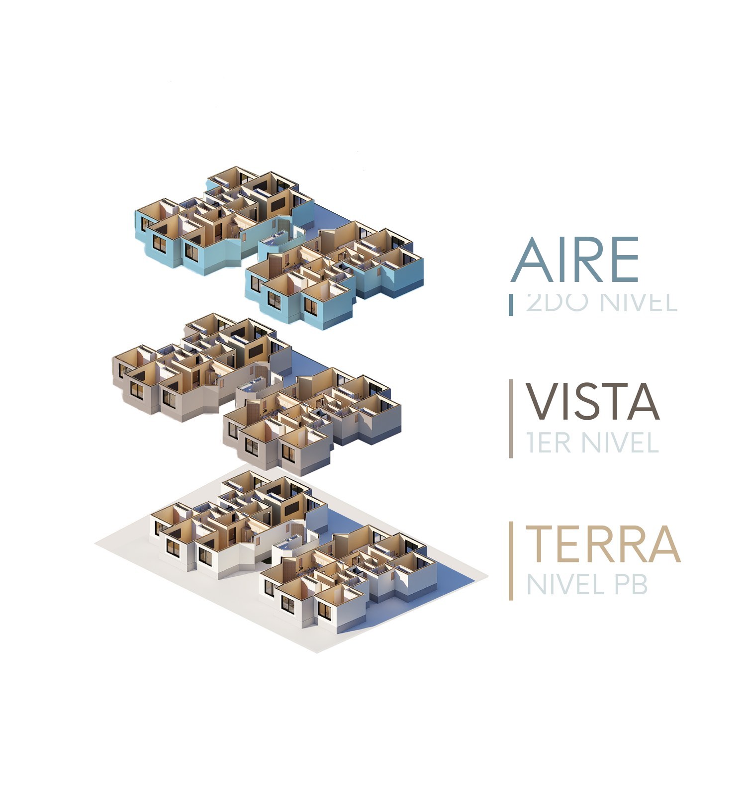 Niveles del Edificio A: Terra, Vista y Aire, con cuatro departamentos por piso