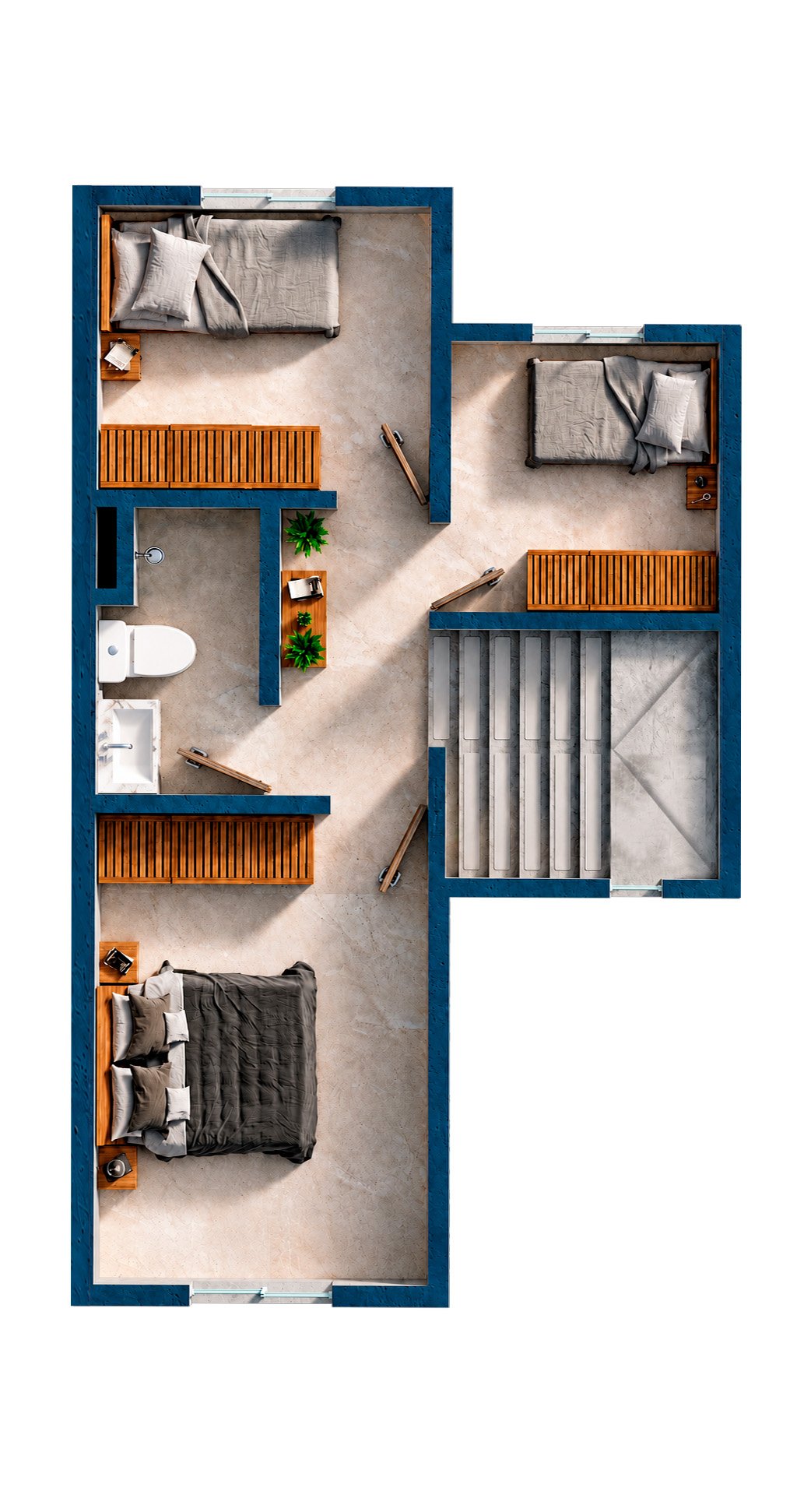 Planta alta de Casa Zafiro: rec&aacute;mara principal, dos rec&aacute;maras secundarias, ba&ntilde;o completo y escalera