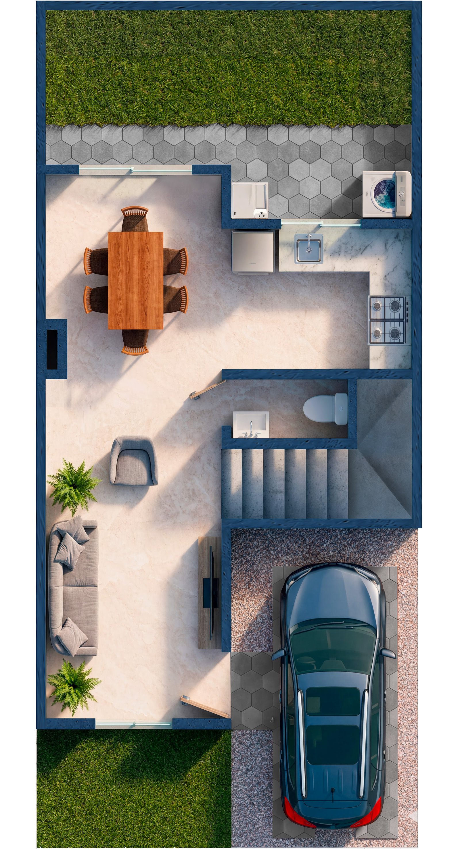 Planta baja de Casa Zafiro: sala, comedor, cocina, medio ba&ntilde;o, patio de servicio y estacionamiento